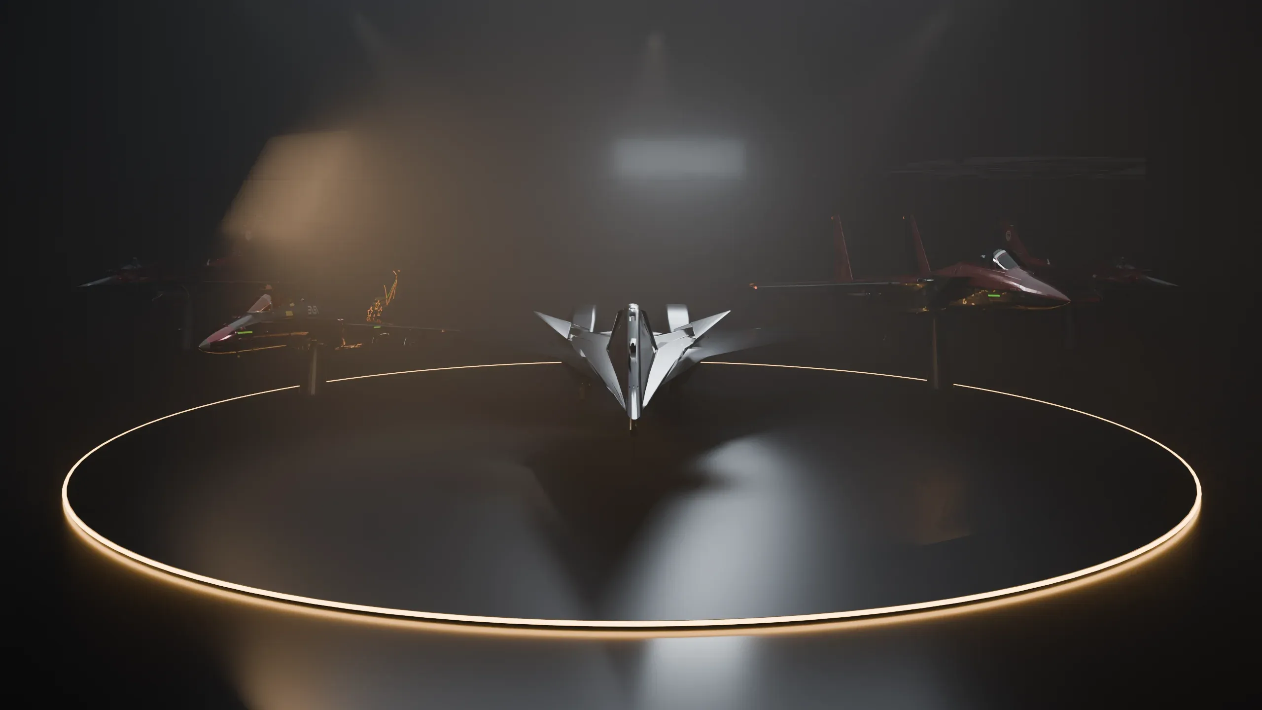 The 68th's fleet arrayed in a dark hangar, a black experimental fighter at its center